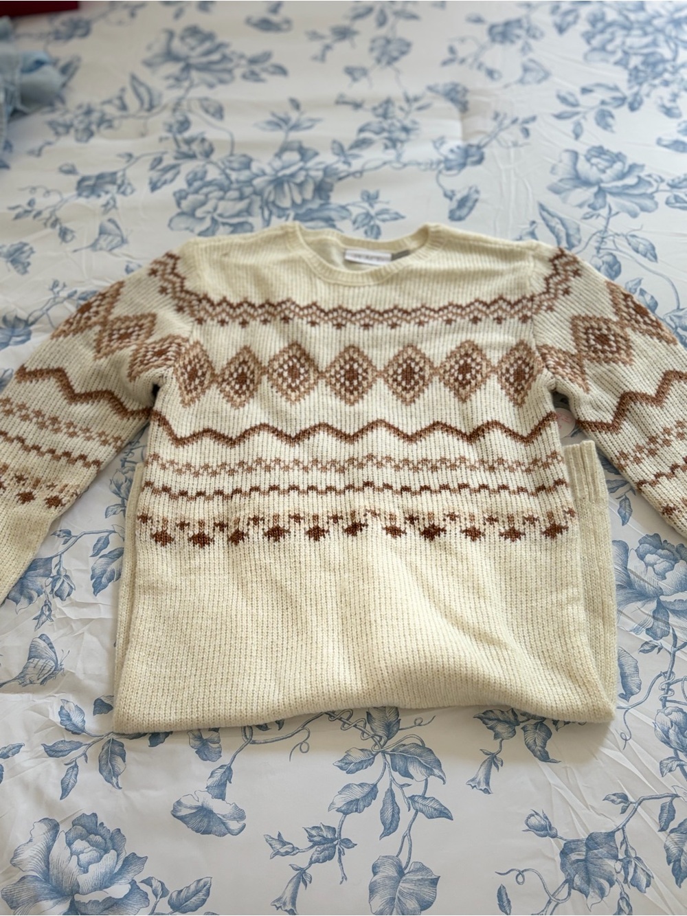 New with tags Cream Fair Isle Knit Sweater with Brown Pattern